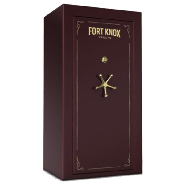 A tall, maroon Fort Knox vault with gold lettering and a central rotating handle against a white background.