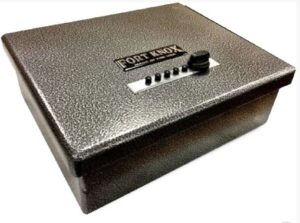 Gray Fort Knox gun box with combination lock and textured finish.