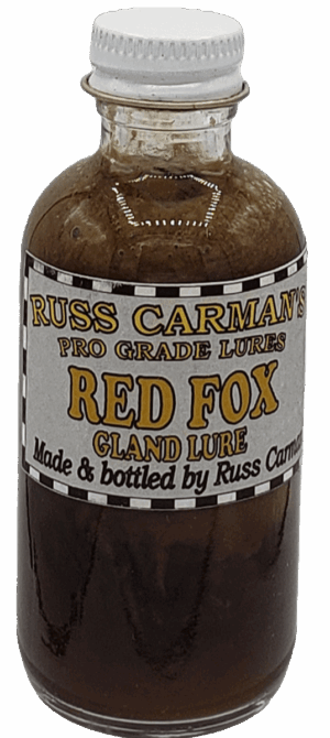 Small glass bottle of Carman's Pro Grade Red Fox Gland Lure with a black and white checked label.