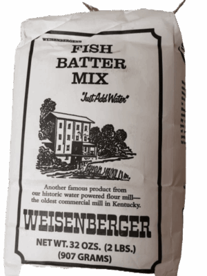 Weisenberger Fish Batter Mix 2 LBS with historic mill illustration; instructions: "Just Add Water".