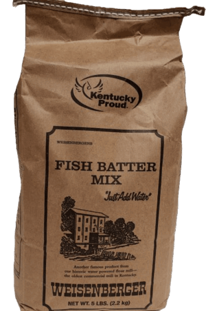 Weisenberger Fish Batter 5 lbs., "Just Add Water," features a mill drawing and the "Kentucky Proud" logo.