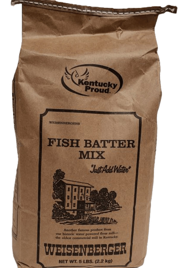 Weisenberger Fish Batter 5 lbs., "Just Add Water," features a mill drawing and the "Kentucky Proud" logo.