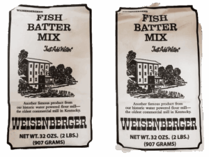 Two 32 oz packets of Weisenberger Fish Batter Mix with a historic Kentucky mill illustration.