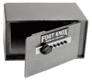 A Fort Knox Auto Pistol Safe with a textured gray finish and black dial lock is pictured with the door open.