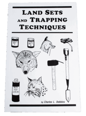 Cover of "Charles Dobbins - Land Sets and Trapping Techniques," with animal illustrations, coon trapping, and gear.
