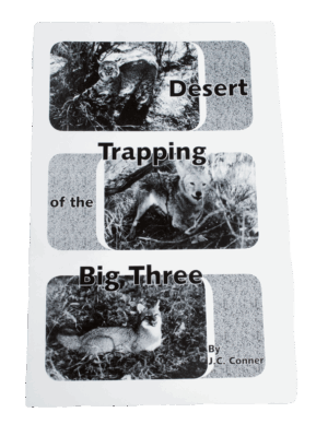 Cover of "J.C Conner - Desert Trapping of the Big Three" with B&W images of fox and coyote trapping.