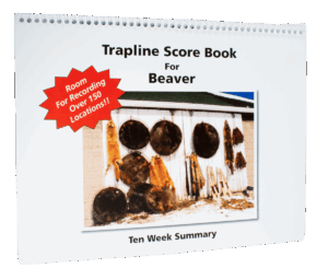 Cover of "Trapline Score Book for Beaver" by Don Powell, shows hanging pelts and a red starburst note.