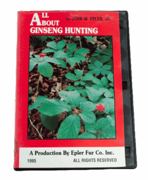 Red VHS cover, "John Epler, Jr. - All About Ginseng Hunting," with ginseng plants and red berries.