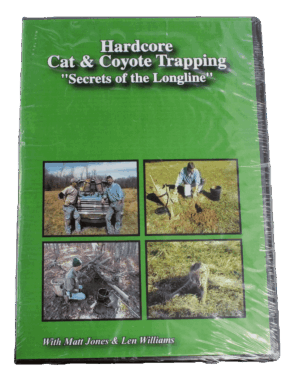 DVD cover titled "Matt Jones & Len Williams - Hard Core Cat & Coyote Trapping" with longline trapping images.