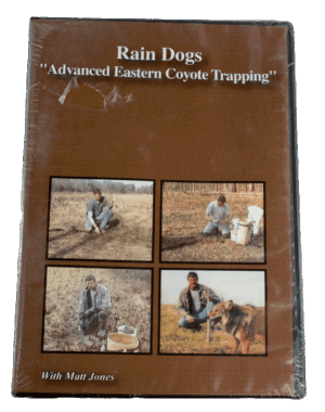 DVD cover: "Matt Jones - Rain Dogs - Advanced Eastern Coyote Trapping" with 4 outdoor images of the expert trapper.