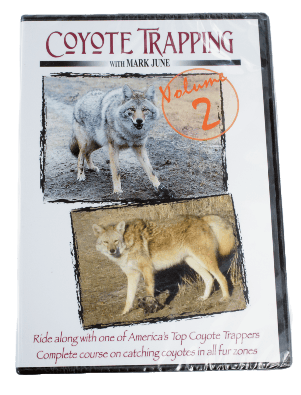 DVD cover for "Mark June - Coyote Trapping II" with coyote images and expert trapping tips.