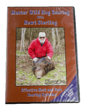 DVD cover of "Newt Sterling - Master Wild Hog Snaring" illustrating expert trapping skills beside a captured hog.