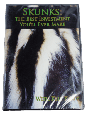 DVD named "Kyle Kaatz - Skunks: The Best Investment You'll Ever Make" on skinning, cover features a skunk fur background.
