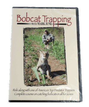DVD cover for "Mark June - Bobcat Trapping" features a man and bobcat in a grassy area, showing trapping techniques.
