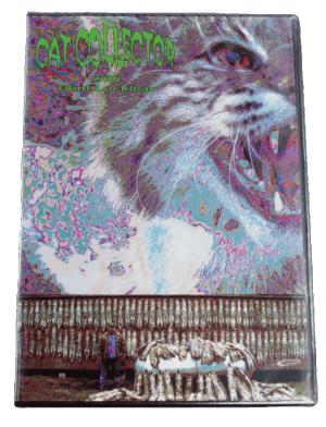 The DVD cover of "Clint Locklear - Cat Collector" shows a psychedelic cat face above pelts, with the collector below.