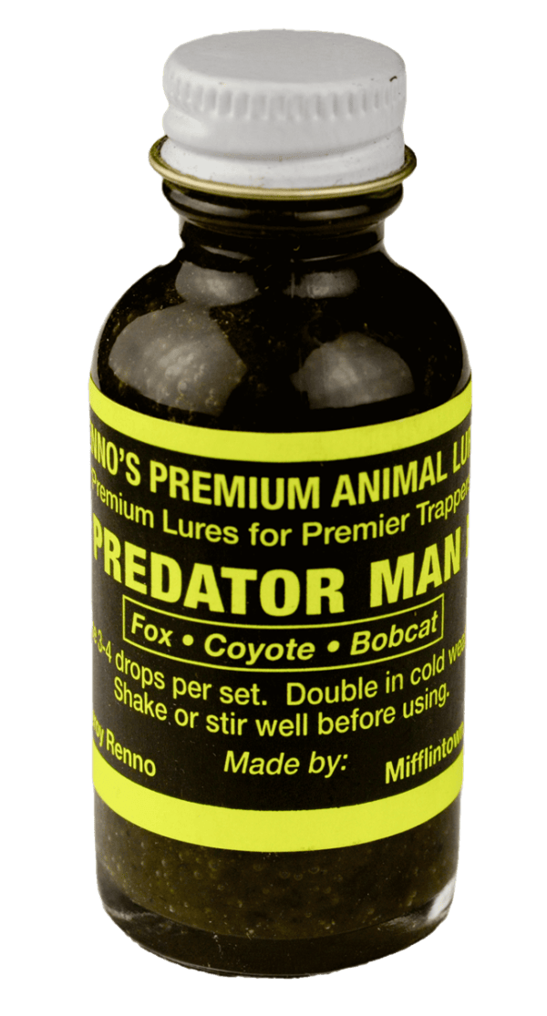 A small brown bottle labeled "Renno's Predator Man I Lure" for trapping foxes, coyotes, and bobcats.