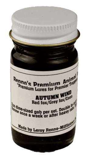 A jar of Renno's Autumn Wind Lure for fox and coon with instructions and manufacturer info included.