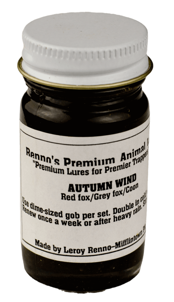 A jar of Renno's Autumn Wind Lure for fox and coon with instructions and manufacturer info included.
