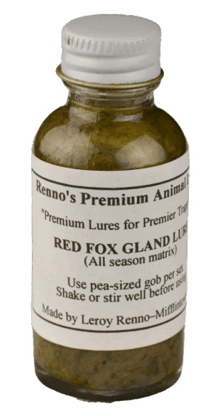 A small "Renno's Red Fox Gland Lure" bottle includes usage instructions and manufacturer's info.