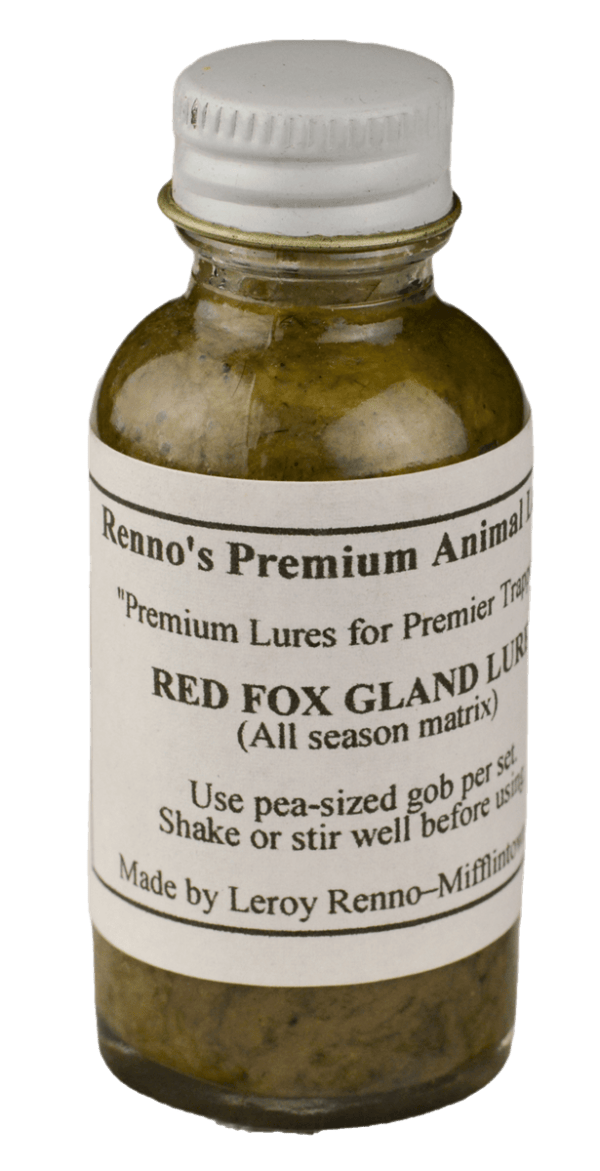 A small "Renno's Red Fox Gland Lure" bottle includes usage instructions and manufacturer's info.