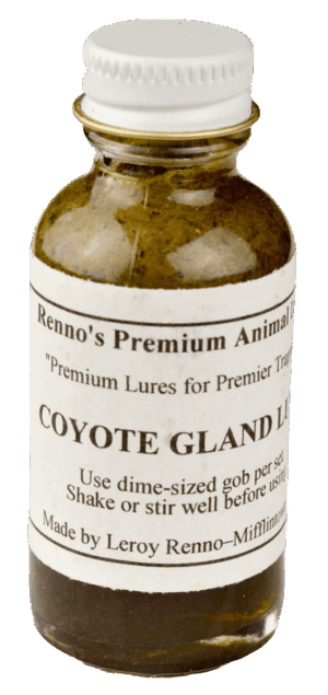 Renno's Coyote Gland Lure," a small bottle ideal for trapping—use a dime-sized gob and shake well before use.