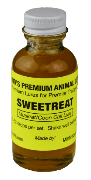 Renno's Sweet Treat Lure, a glass bottle with yellow and black text, is perfect for trapping muskrats or raccoons.