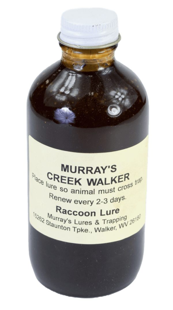 A brown bottle labeled "Murray's Creek Walker Lure" is a perfect trapping lure with instructions and contact info.