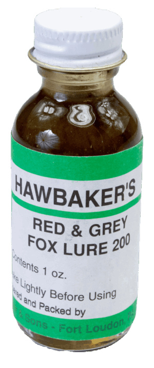 A 1 oz. bottle of Hawbaker's Red & Grey Fox Lure 200, with green and white packaging, for trapping lure use.