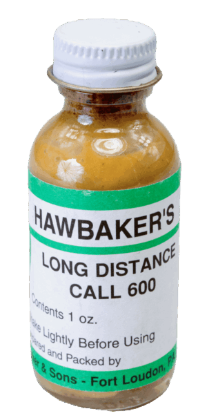 A 1 oz glass bottle of Hawbaker's Long Distance Call Lure 600, with a metal screw cap.