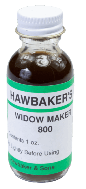 Small 1 oz bottle labeled "Hawbaker's Widow Maker 800 Lure," a trapping lure with a green and white label.