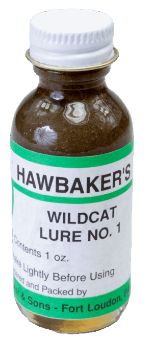 A 1 oz brown bottle labeled "Hawbaker's Wildcat Lure No. 1," ideal for bobcat trapping, with green accents and instructions.