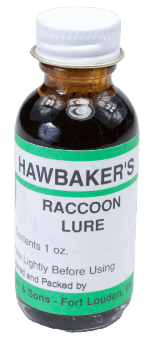A 1 oz small glass bottle of Hawbaker's Raccoon Lure with a green and white label.