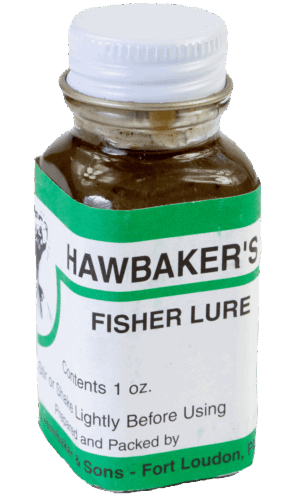 Small 1 oz bottle of Hawbaker's Fisher Lure; shake or stir before use.