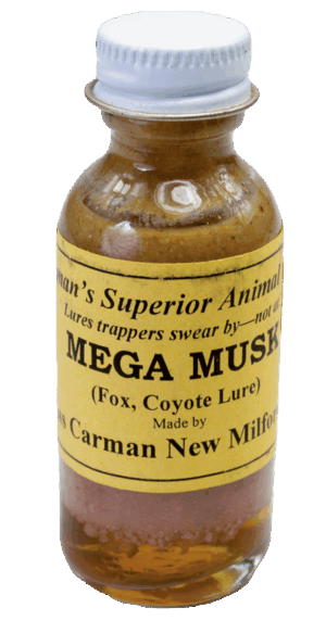 Carman's Mega Musk Lure, a trapping lure for foxes and coyotes, comes in a small glass bottle with a metal cap.