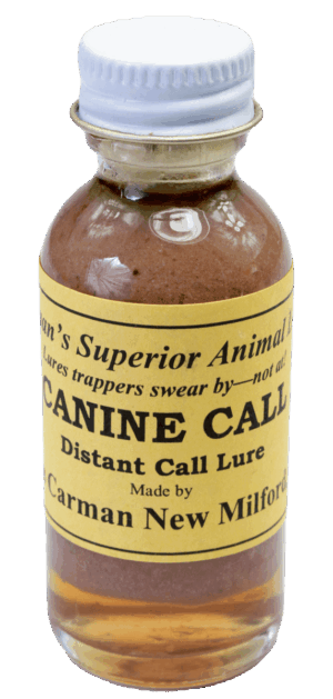 Glass bottle labeled "Carman's Canine Call Lure," with brown contents and white cap, ideal for trapping.