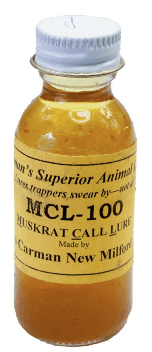 Small bottle labeled "Carman's MCL 100 Muskrat Call Lure," amber liquid, white cap.