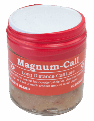 Red & white container of Blackie's Magnum Call Lure for long-distance animal trapping, includes usage instructions.