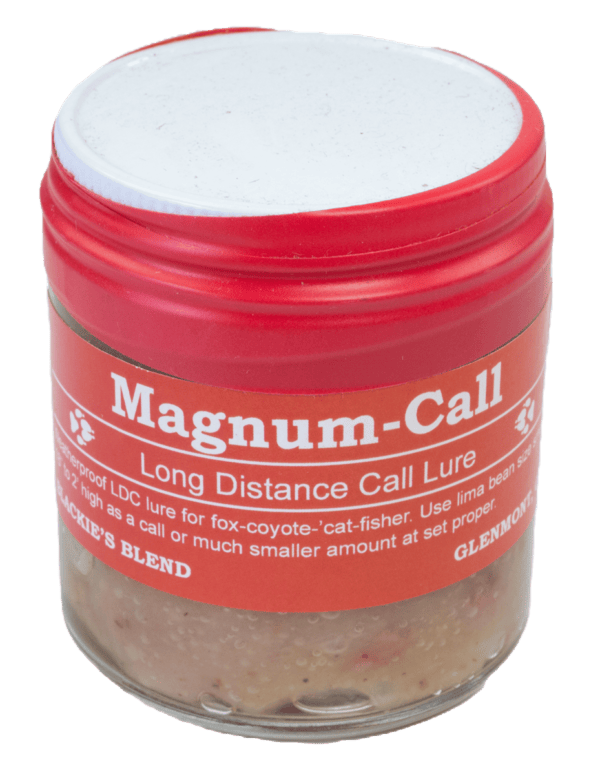Red & white container of Blackie's Magnum Call Lure for long-distance animal trapping, includes usage instructions.