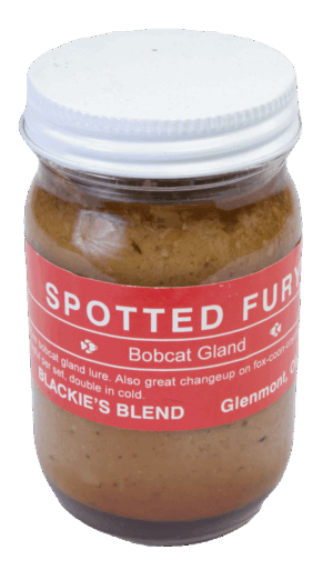 Jar of Blackie's Spotted Fury Lure with a red label, ideal for trapping.