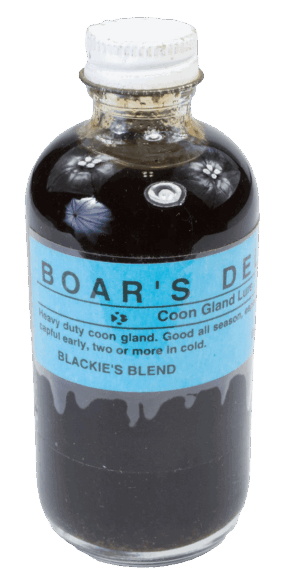 The "Blackie's Boar's Delight Lure" glass bottle contains a dark liquid, a top trapping product by Blackie's Blend.