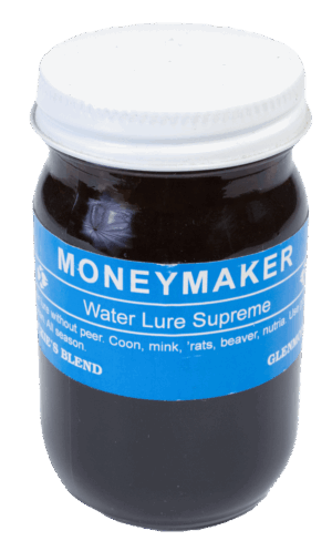 Jar of "Blackie's Money Maker Lure" with white lid and blue label, containing a dark coon lure liquid.