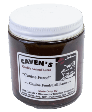 Caven's Canine Force Lure jar for coyote trapping, a quality product by Minnesota Trapline Products.