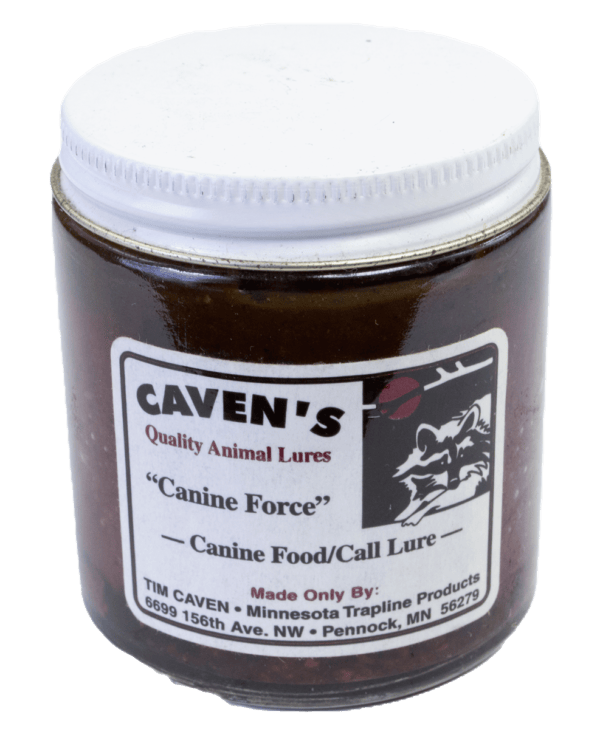 Caven's Canine Force Lure jar for coyote trapping, a quality product by Minnesota Trapline Products.