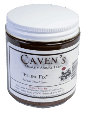 Jar of Caven's Feline Fix Lure, a premium bobcat lure by Minnesota Trapline Products, Inc.