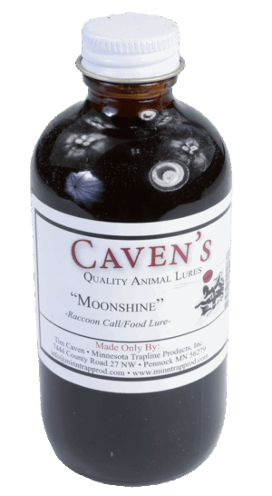 Bottle of Caven's Moonshine Lure for raccoons, featuring a dark, waterproof liquid.