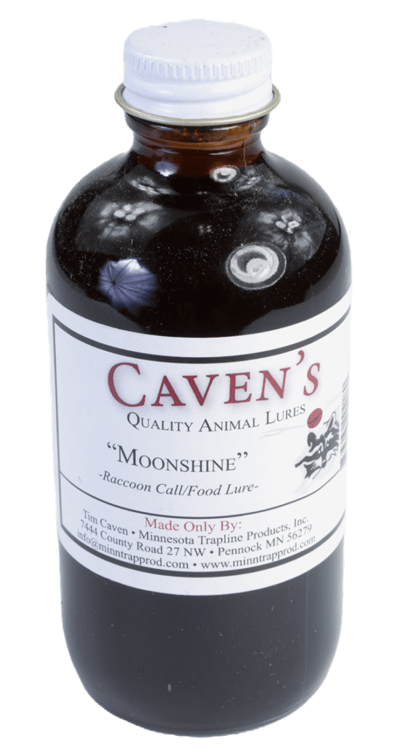 Bottle of Caven's Moonshine Lure for raccoons, featuring a dark, waterproof liquid.