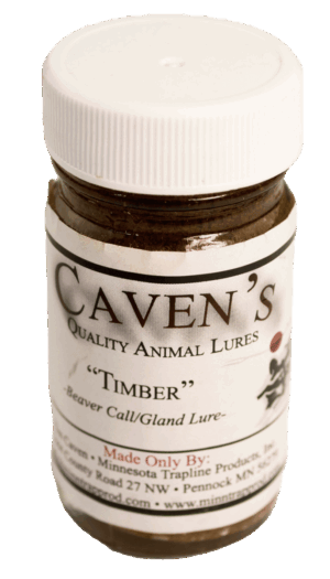 A jar of Caven's Timber Lure by Minnesota Trapline Products with a white lid and label.