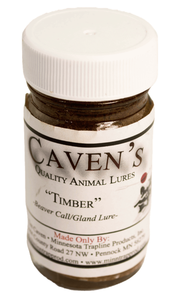 A jar of Caven's Timber Lure by Minnesota Trapline Products with a white lid and label.