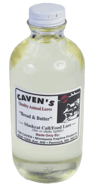 Bottle of must-have Caven's Bread and Butter muskrat lure by Minnesota Trapline. Stir or shake lightly.