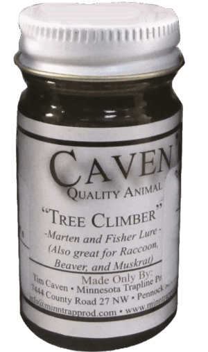 A small jar of Caven's "Tree Climber" lure for Marten, Fisher, Raccoon, Beaver, and Muskrat.